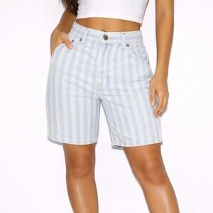 90s Vintage Stripe Denim Shorts Womens M 10 High Waist Blue White USA CottonBoho